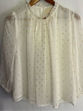 Melloday Ivory Sheer Metallic Clip Dot Blouse Ruffle Neck Size Small